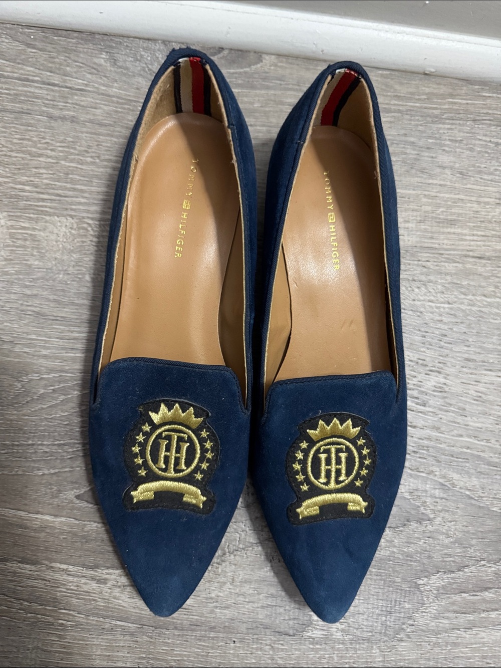 Tommy Hilfiger Navy Suede Pointed-Toe Loafers with Gold Crest